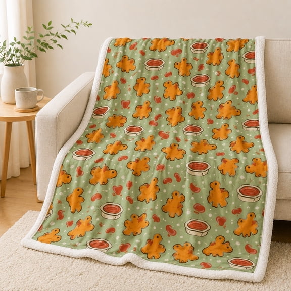 Dinosaur Nugget Sherpa Blanket, Cute Chicken Nugget Ketchup Pattern Fleece Throw, Cozy Food Gift for Kids Teens Dorm Room
