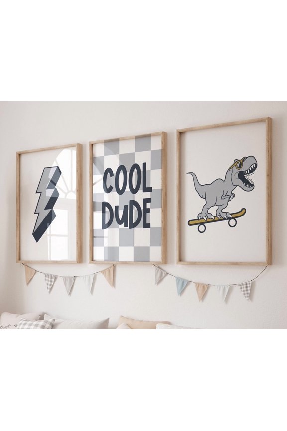 Dinosaur Nursery Boy Room Dino Art Blue Skateboard T Rex Cool Dude Dino Toddler Room Poster Modern Boys Prints, Stretched Canvas