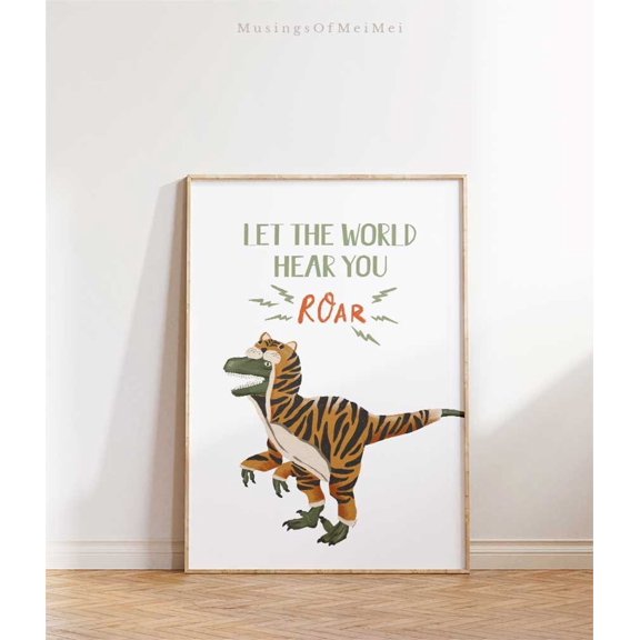 Dinosaur Nursery Wall Art Let The World Hear You Roar Room Decor Cute Poster, Unframed Poster Size 8x12