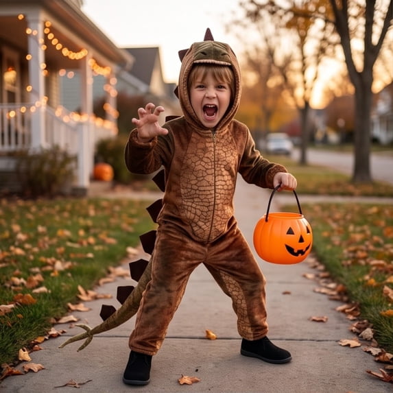 Dinosaur Onesie Costume for Ch'ildr'en, Hooded Animal Jumpsuit with Spikes and Tail, Halloween Christmas Cosplay Outfit