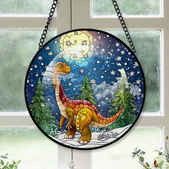 Dinosaur Ornament Christmas 2025, Dinosaur Stained Glass Window Panel Handcrafted Art Sun Catcher for Bright and Cheerful Homes