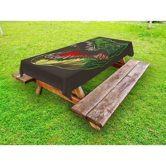Dinosaur Outdoor Tablecloth, Aggressive Wild T-Rex Head Colorful Hand Drawn Style Jurassic Period, Decorative Washable Fabric Picnic Tablecloth, 58 X 120 Inches, Dark Brown Fern Green, by Ambesonne