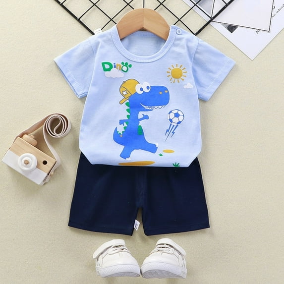 Dinosaur Outfits for Boy Summer Outfits Boy Toddler Boys Girls Summer Cartoon Printed Short Sleeved Tops And Shorts 2PC Children's Suit Light Blue 12-18 Months