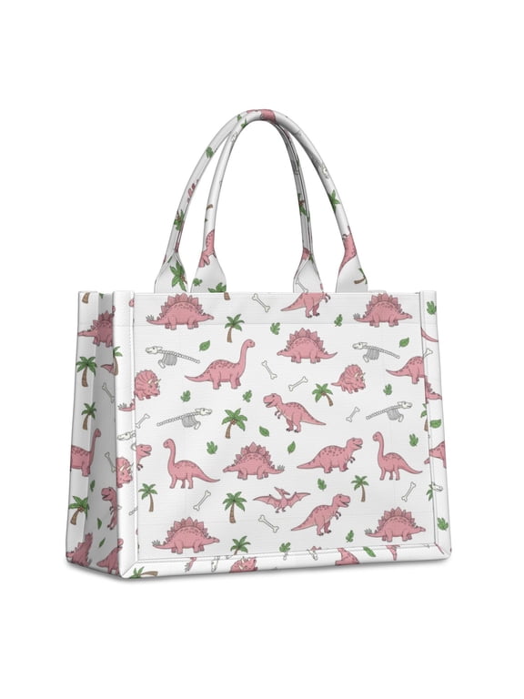 Dinosaur and Palm Pink Pattern Tote Bag, Shopping Handbag with Interior Pockets & Top Handle, Smooth Zipper Gifts for Women Men,15.7 X 5.1 X 13 Inches
