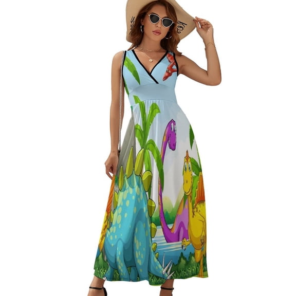 Dinosaur Palm Tree Dress Summer Street Style Bohemia Long Dresses Female Sleeveless Printed Maxi Dress
