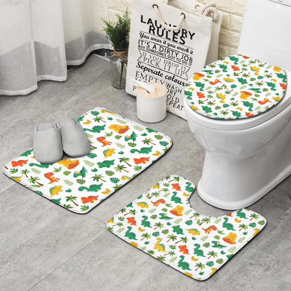 Dinosaur and Palm Tree Pattern Bathroom Rugs Sets 3 Piece,Toilet Cover Set,Absorbent Non Slip Bathroom Mats Sets with U-Shaped Contour Rug Toilet Rug Set