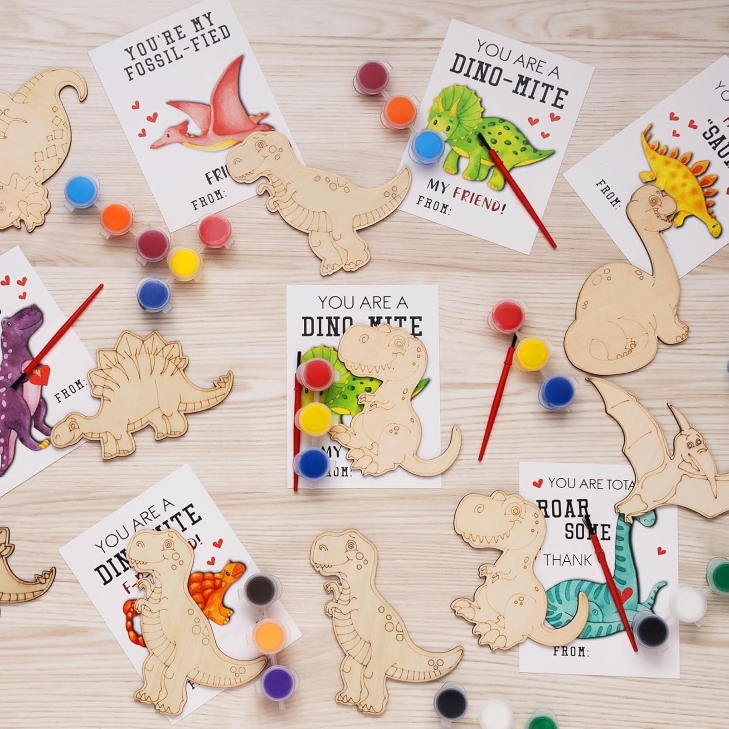 Dinosaur Party Favors - 24 PCS Dinosaur Birthday Party Supplies - Dino Cards with Wood Painting Crafts Bulk - Thank You for Coming Gifts for Kids Boys Girls Toddler