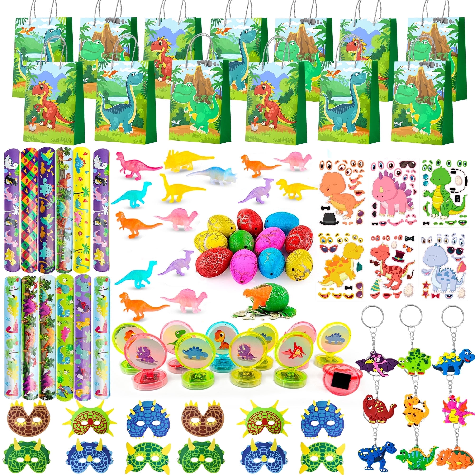 Dinosaur Party Favors for Kids, 96pcs All-in-One Dinosaur Birthday Party Favors Set - Dino Party Favor Bags Keychains Stampers Stickers Toys Clap Bracelets etc Dinosaur Birthday Party Supplies
