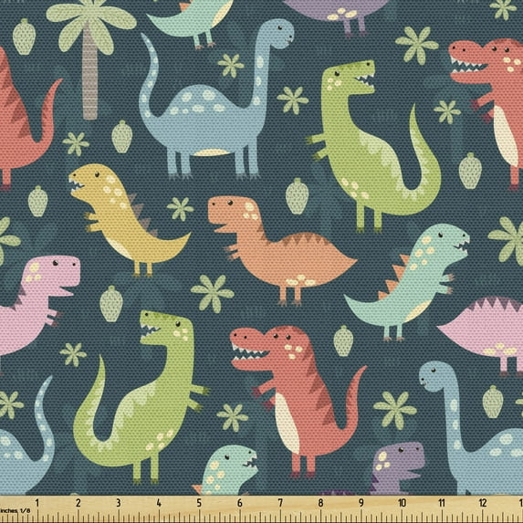 Dinosaur Party Sofa Upholstery Fabric by the Yard, Colorful Happy Cartoon Characters Forest Jungle Wildlife Theme, Decorative Fabric for DIY & Home Accents, 2 Yards, Multicolor by Ambesonne