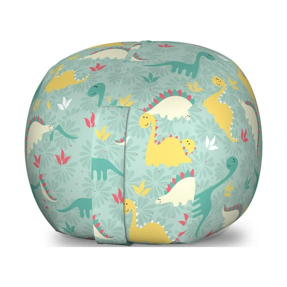 Dinosaur Party Storage Toy Bag Chair, Cartoon Prehistoric Animal Characters Floral Backdrop with Design, Stuffed Animal Organizer Washable Bag, Small Size, Multicolor, by Ambesonne