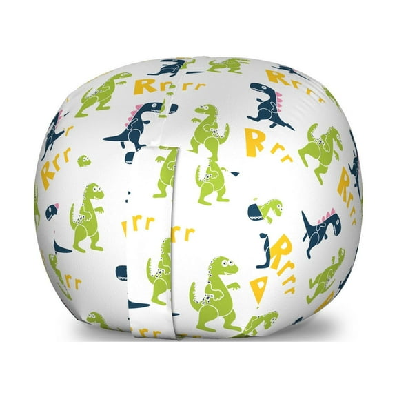 Dinosaur Party Storage Toy Bag Chair, Happy Cartoon Dino Reptile Rrrr Text on Plain Pattern, Stuffed Animal Organizer Washable Bag, Large Size, Multicolor, by Ambesonne