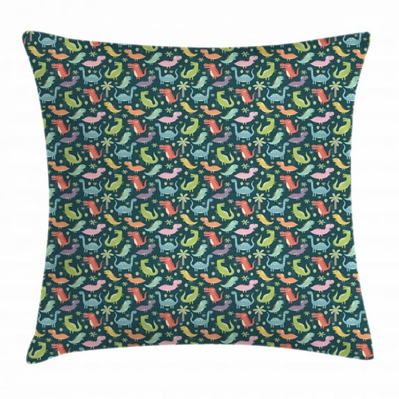 Dinosaur Party Throw Pillow Cushion Cover, Colorful Happy Cartoon Characters Forest Jungle Wildlife Theme Kids Nursery, Decorative Square Accent Pillow Case, 20 X 20 Inches, Multicolor, by Ambesonne