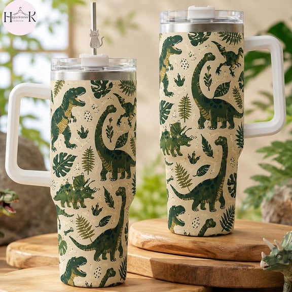 Dinosaur Pattern 40oz Tumbler With Handle, T-Rex Travel Mug, Cute Dino Lover Cup