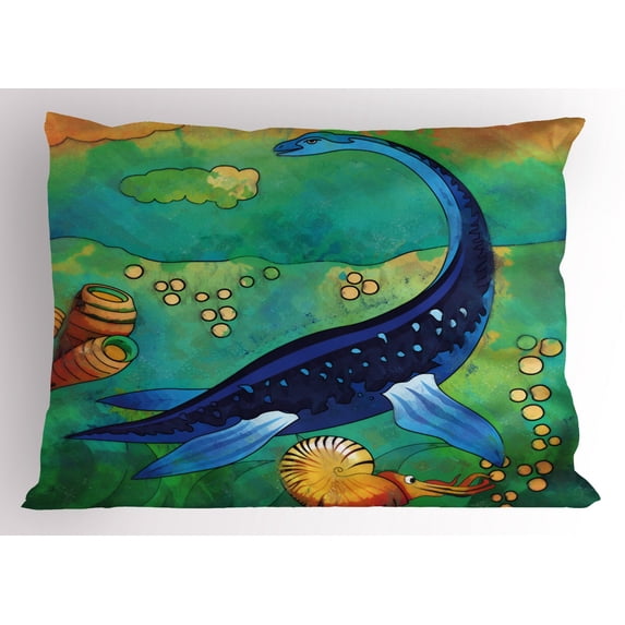 Dinosaur Pillow Sham Ancient Wild Sea Creature Plesiosaurus in Its Underwater Habitat, Decorative Standard King Size Printed Pillowcase, 36 X 20 Inches, Jade Green Navy Blue Orange, by Ambesonne