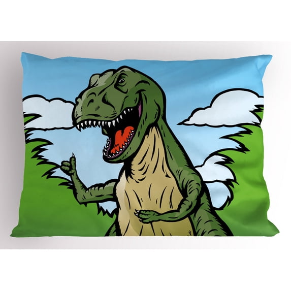 Dinosaur Pillow Sham Cartoon T-Rex with Funny Face Giving Thumps Up Clouds Trees Sky, Decorative Standard Size Printed Pillowcase, 26 X 20 Inches, Green Dark Green Pale Blue, by Ambesonne