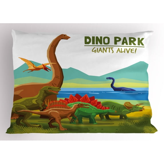 Dinosaur Pillow Sham Flying Swimming and Land Dinosaurs with Lake and Mountains Dino Park Alive Theme, Decorative Standard Queen Size Printed Pillowcase, 30 X 20 Inches, Multicolor, by Ambesonne