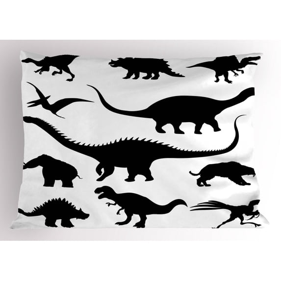 Dinosaur Pillow Sham Various Black Dino Silhouettes Jurassic Evolution Extinction Predator Animals, Decorative Standard Queen Size Printed Pillowcase, 30 X 20 Inches, Black White, by Ambesonne