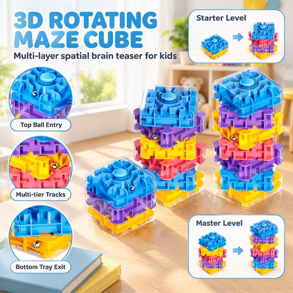 Dinosaur Planet 6-in-1 Finger Spinning Maze Ball Cube, Stackable Rolling Ball Puzzle Fidget Toy, Maze Brain Teaser Sensory Toy for Kids Ages 3+