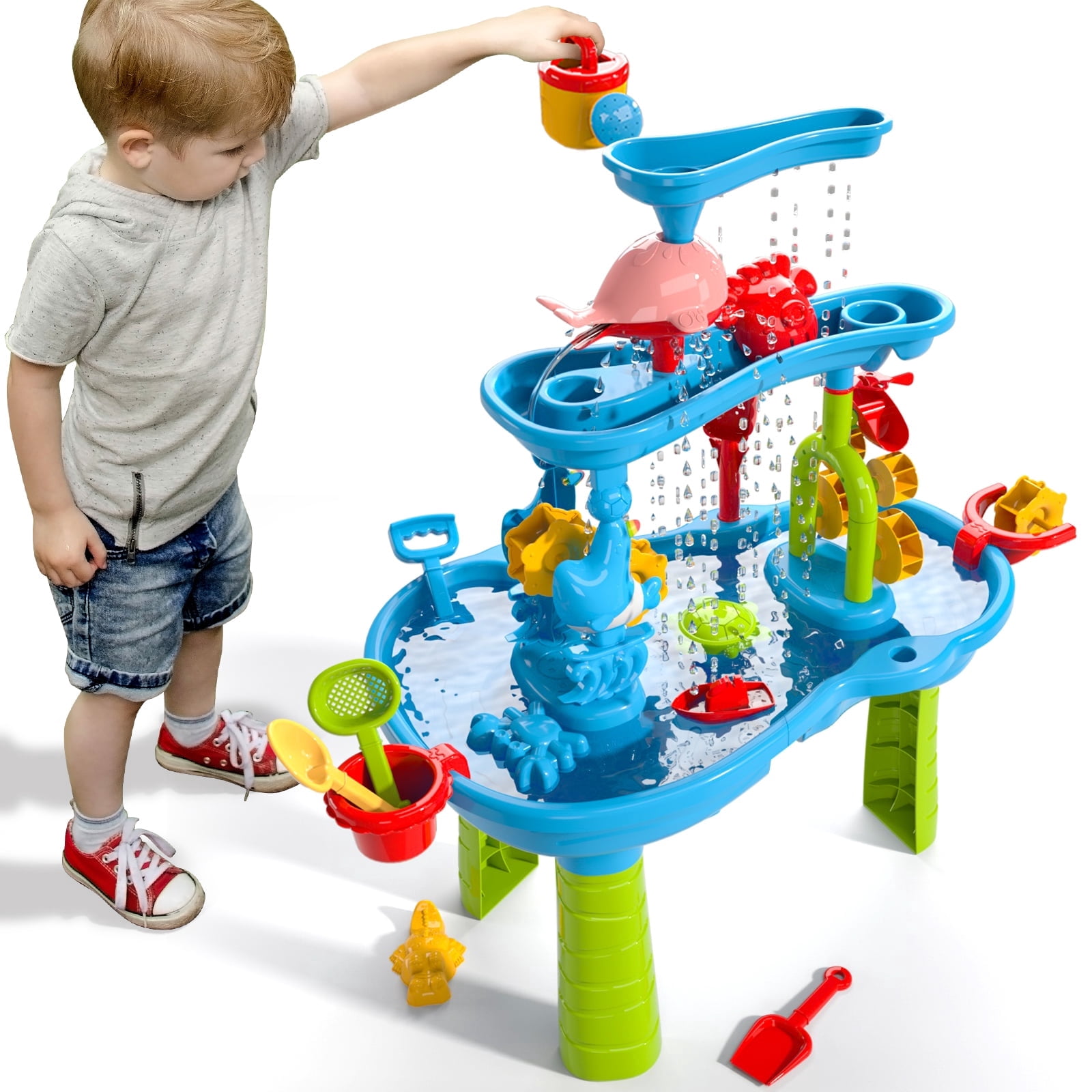 Dinosaur Planet Kids Sand Water Table for Toddlers, 3-Tier Water Play Table Toy for Toddlers Kids, Activity Sensory Tables Outside Beach Snow Toys for Toddler Boys Girls Age 1-3-5 Gift(Random  Color)