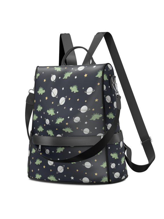 Dinosaur and Planet Navy Blue Pattern Fashion Backpack, Fashion Handbag Backpack with Side Bottle Pockets & Convertible Strap, Multi Pockets Gifts for Birthday Christmas Thanksgiving