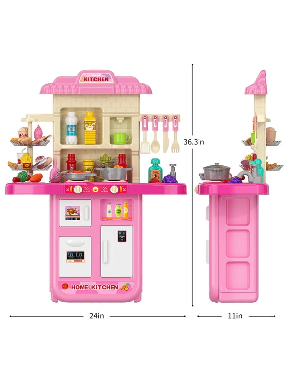 Dinosaur Planet Pink Play Kitchen Girls Toy Pretend Food - Kitchen Toys for Kids Ages 4-8,Play Kitchen Accessories w/ Real Sounds Light, for Girls Boys Age 3+(36.3"x24"x11")