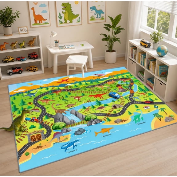 Dinosaur Play Rug, 5x7 ft Faux Play Mat for , Dino Road Map Rug Washable Carpet for Boys Playroom Bedroom Classroom , Soft & Non-Slip