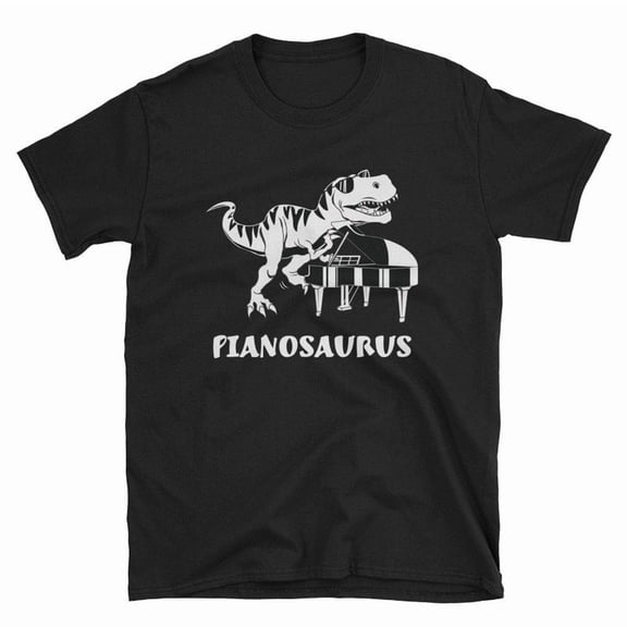Dinosaur Playing Piano Pianosaurus Music Theme Cartoon Illustration Tee Unisex Cotton T-Shirt, Sizes S-5XL