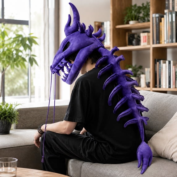 Dinosaur Plush Dragon Skeleton Headpiece, Funny Novelty Dino Costume Hat with Whisker Detail, Soft Wearable Headwear for Cosplay Parties, Halloween Dress Up, Costume Events and Photos
