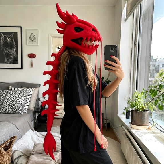 Dinosaur Plush Dragon Skeleton Headpiece, Funny Novelty Dino Costume Hat with Whisker Detail, Soft Wearable Headwear for Cosplay Parties, Halloween Dress Up, Costume Events and Photos