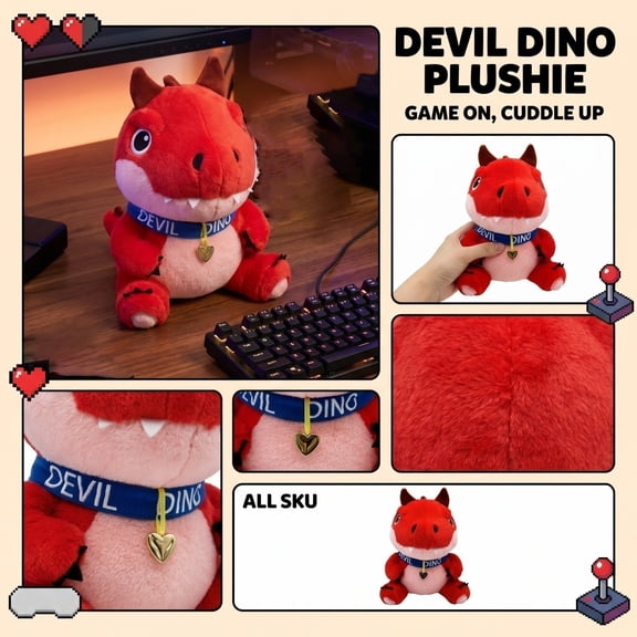 Dinosaur Plush Toy Gaming Plushie Doll Devil Dino Plush,Cute Red Soft Stuffed Animal Cartoon Monster Figure with Heart Collar,Desk Gaming Setup Bed Sofa Cushion Ornament Fan Collection Gift