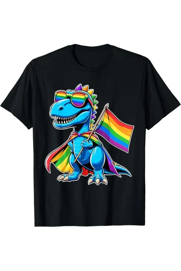 Dinosaur Pride Rainbow Flag Cute Animal Graphic Design Unisex T-Shirt, up to Size 5XL