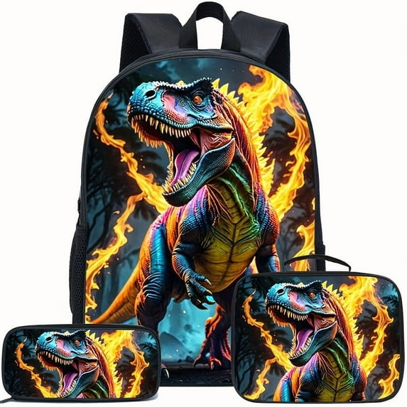 Dinosaur Print Backpack Set Large Capacity, Adjustable Strap, Zipper Closure, Casual Style, Polyester Lining, Wet Wipe Cleanable, Ideal for or Travel, Travel Gear Vibrant Backpack Durabl