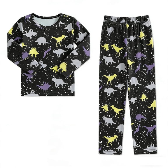 Dinosaur Print Boys Pajamas Set Short Sleeve Pajama Set 2 Piece Sleepwear Loungewear Black 7 Y-8 Y