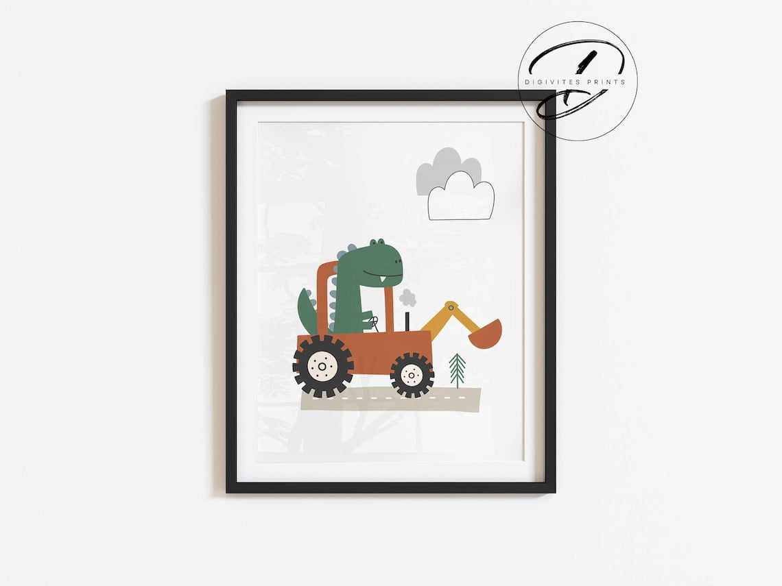 Dinosaur Print, Construction Wall Art, Dinosaur Theme Nursery Prints, Toddler Bedroom Decor, Nursery, T,Rex Dinosaur Poster For Boys Home Decor #910, Unframed Poster Size 24x36