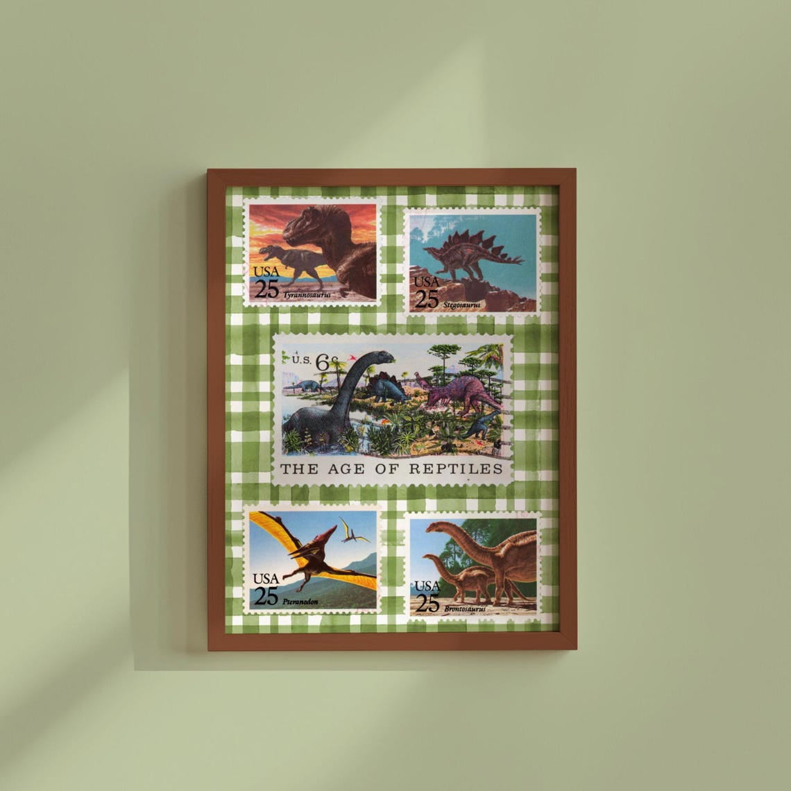 Dinosaur Print Green Boys Room Wall Art Cottagecore Nursery Decor Types Of Dinosaurs Rustic Plaid Baby Boy Decor Home Decor #595, Unframed Canvas Size 8x12