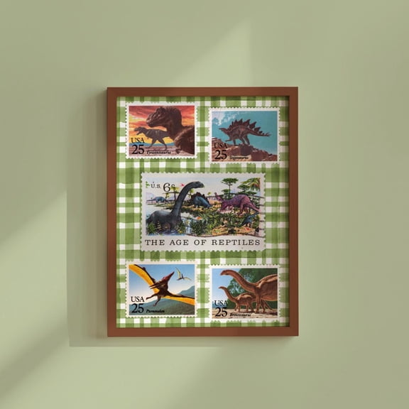 Dinosaur Print Green Boys Room Wall Art Cottagecore Nursery Decor Types Of Dinosaurs Rustic Plaid Baby Boy Decor Home Decor #595, Unframed Poster Size 8x12