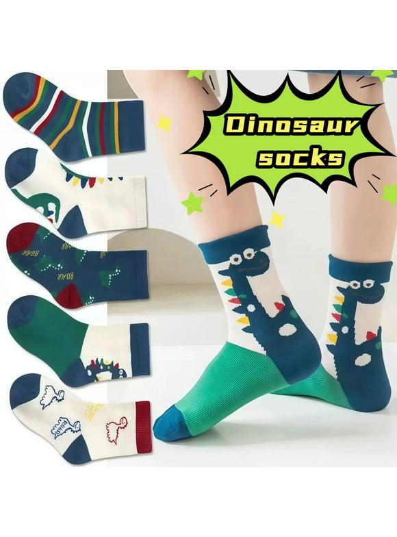Dinosaur Print Kids Winter Socks – 5 Pairs Thick, Warm Crew Socks for 9-14 Year Old Children, Comfortable Cotton Blend, Ideal for Cold Weather