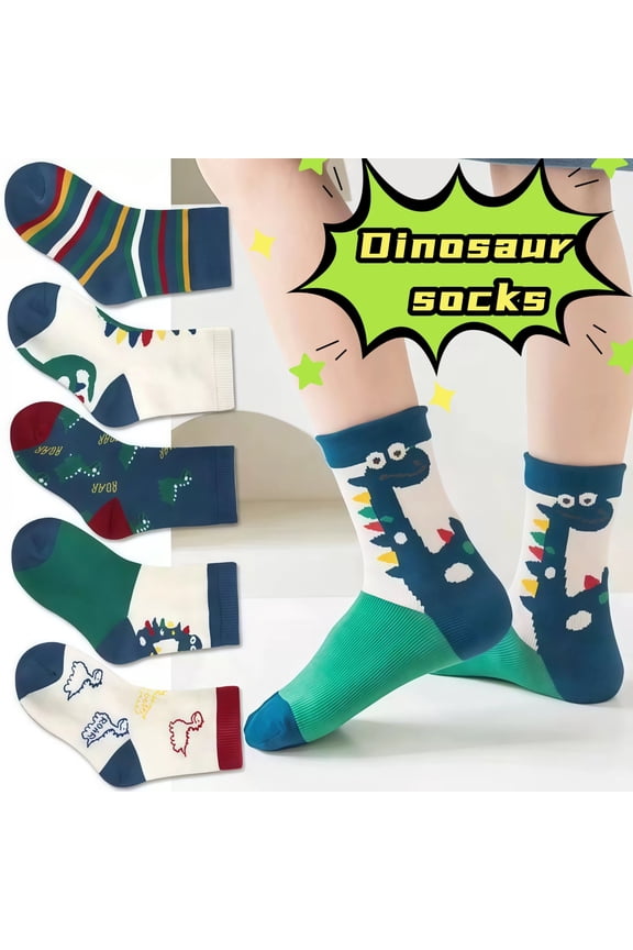 Dinosaur Print Kids Winter Socks – 5 Pairs Thick, Warm Crew Socks for 9-14 Year Old Children, Comfortable Cotton Blend, Ideal for Cold Weather