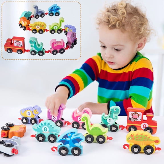 Dinosaur Pull-Along Number Train - Wooden Montessori Math Toy w/ 0-9 Counting Blocks ,Toddler Educational Walking Toy for Fine Motor Skills & Counting Practice As show