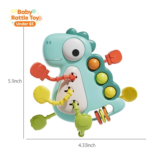 Dinosaur Pull String Activity Toy, Baby Sensory Rattle Teether, Infant Fine Motor Skill Developmental Toy, Interactive Early Educational Soothing Play Toy for Toddlers Boys Girls, Baby Gift, Blue