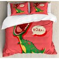 thumbnail image 1 of Dinosaur Queen Size Duvet Cover Set, Aggressive Prehistoric Cartoon Animal Roaring Open Mouth Wildlife Image, Decorative 3 Piece Bedding Set with 2 Pillow Shams, Coral Green Yellow, by Ambesonne, 1 of 3