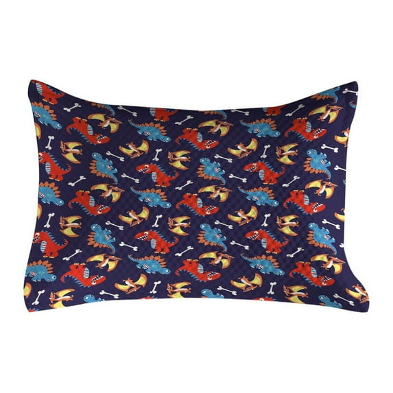 Dinosaur Quilted Pillowcover, 3 Different Cartoon Dinosaurs Funny Expressions and Bones Theme, Standard King Size Accent Pillow Cover for Bedroom, 36" x 20", Navy Blue Orange Red, by Ambesonne