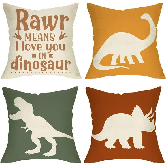 Dinosaur Rawr Means I Love You Home Decorative Throw Pillow Cover Set of 4, Inspirational Quote Cushion Case 20x20 for Boy Kid, Bedroom Nursery Sofa Couch Decor Dino Baby Shower Decoration Gifts