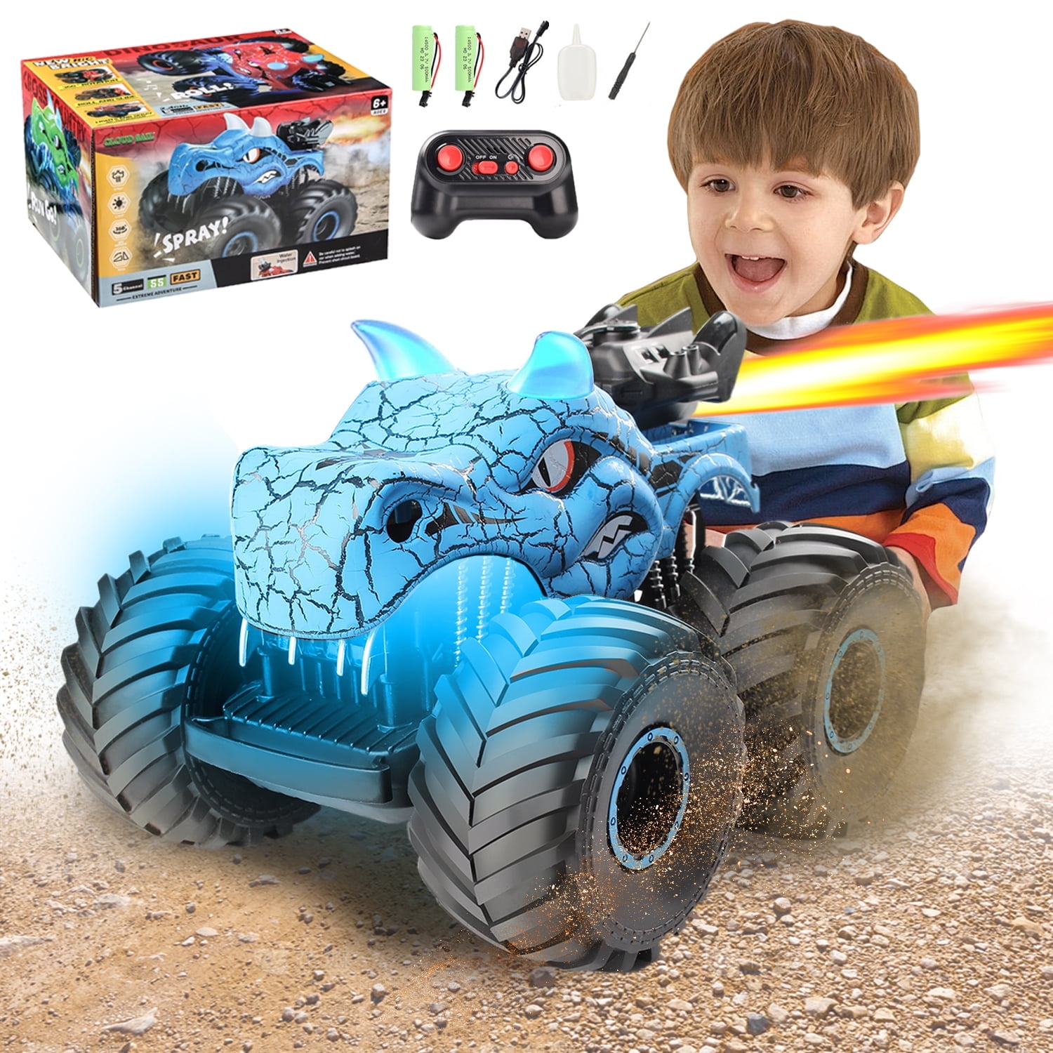 Dinosaur Remote Control Car, 2.4GHz Monster Trucks Dinosaur Toy Car , Doll with Light Sound and Spray Function, Birthday Halloween Christmas Gift for Kids Boys and Girls.Blue