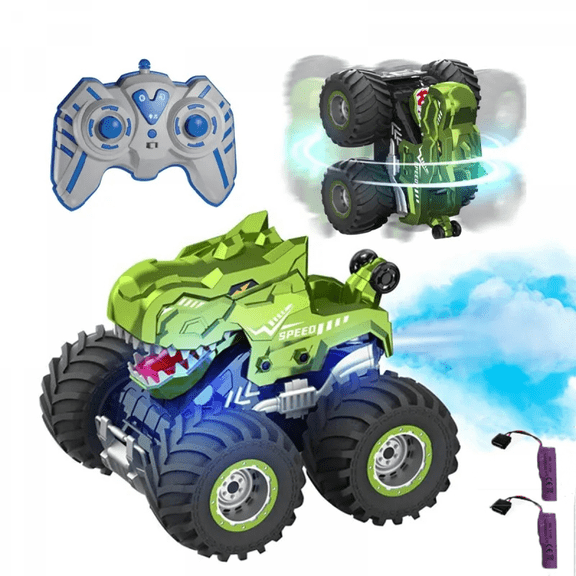Dinosaur Remote Control Car 360 Rotating RC Stunt Car Truck Toys with Spray,Light & Sound,All Terrain RC Cars Birthday Party Gift for Kids (Green)