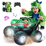 YCFUN RC Monster Truck Toy with 360 Spins, Music and LED Car Shell & Wheels, Dinosaur Toy RC Car for Kids Boys Ages 3+ (Green)
