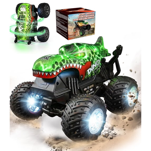 YCFUN RC Monster Truck Toy with 360° Spins, Music and LED Car Shell & Wheels, Dinosaur Toy RC Car for Kids Boys Ages 3+ (Green)