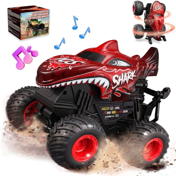YCFUN Remote Control Car for Boys, RC Monster Truck Toys for Kids with 360° Stunt Spins & Music and Lights, RC Toy Gift for Boys & Girls (Red)
