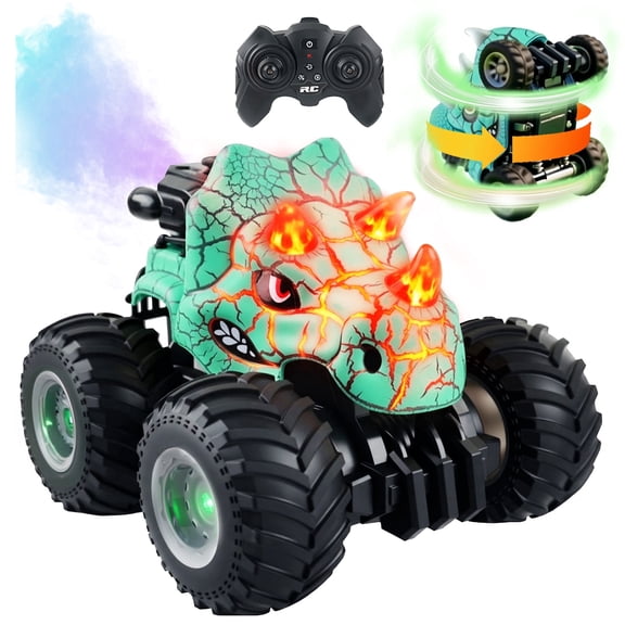 YCFUN RC Monster Truck Toy for Kids, with Music Lights & Spray, Dinosaur Toy RC Car with 2 Batteries for Boys Girls Aged 3-8 (Cyan)