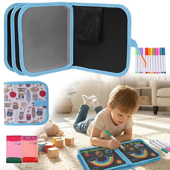 Dinosaur Reusable Drawing Book, Large Portable Travel Art Kit with 12 Liquid Chalk Markers and Wipes, Mess-Free Erasable Doodle Pad Educational Toy